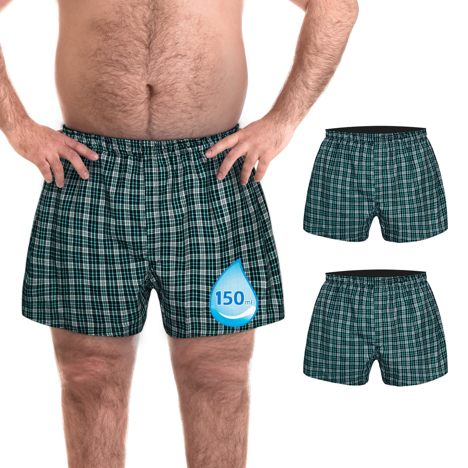 TIICHOO Incontinence Underwear for Men Washable Reusable Regular Absorbency  Urinary Leakproof Boxer Shorts with Fly 2 Pack (Small, 2 Green Plaid) 