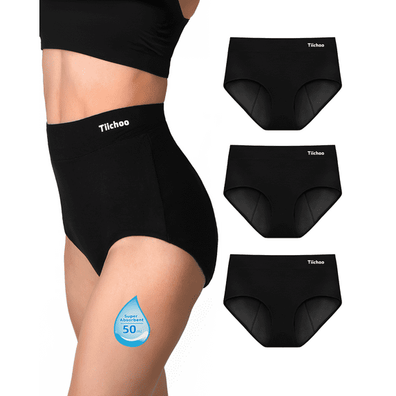 TIICHOO Leakproof Underwear for Women High Waisted Period Panties Briefs Heavy Flow Menstrual Postpartum Underwear 3 Pack(Large, 3 Black)