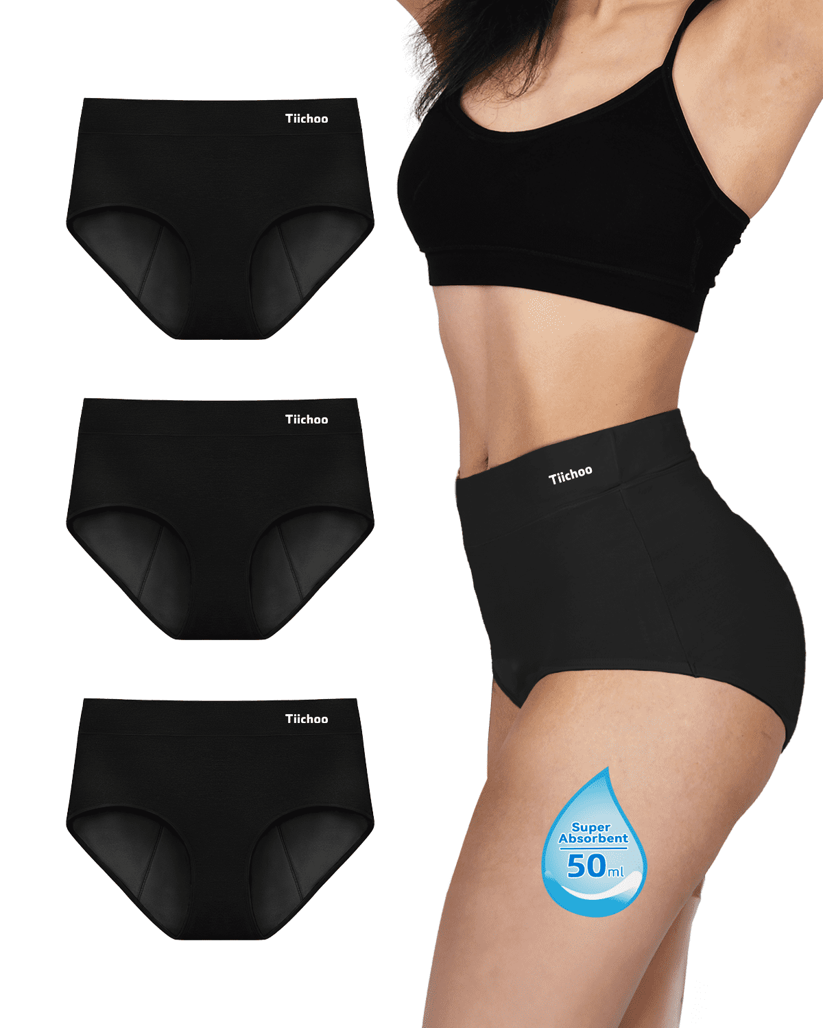 TIICHOO Womens Period Underwear Heavy Flow High Waisted Period Panties  Menstrual Postpartum Underwear Leakproof 3 Pack(3X-Large,  Black/Burgundy/Gray) 