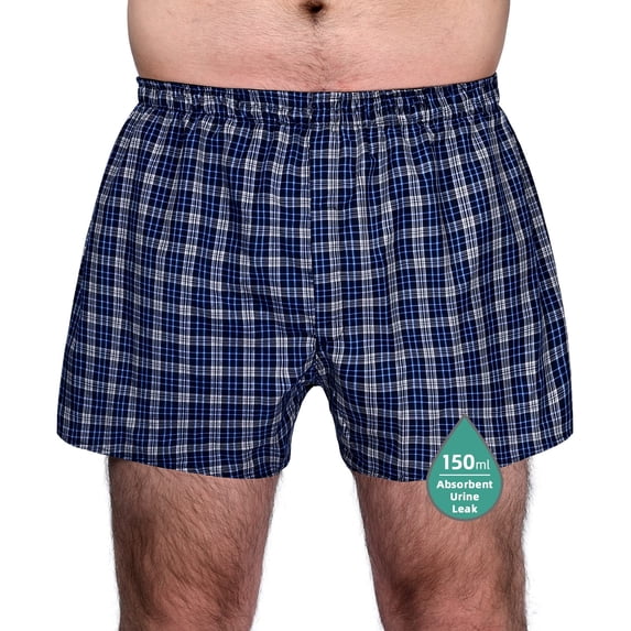 TIICHOO Men's Incontinence Underwear Regular Absorbency Washable Reusable Urinary Incontinence Leak Proof Boxer Shorts with Front Fly 1 Pack(3X-Large, Blue Plaid)