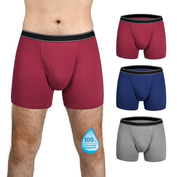 TIICHOO Mens Incontinence Underwear Washable Leak Proof Underwear for Men Cotton Reusable Incontinence Underwear 3 Pack(Large, Gray/Navy Blue/Burgundy)