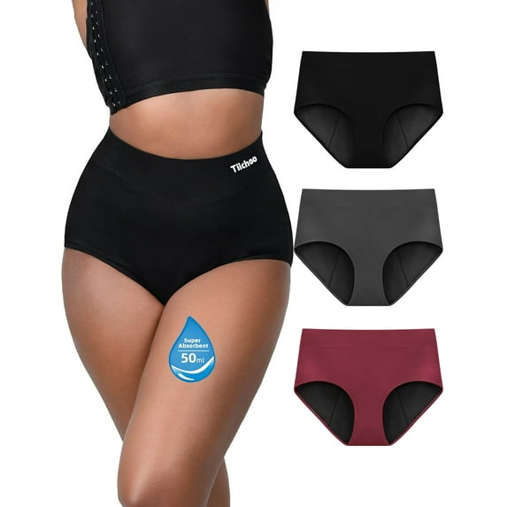 TIICHOO Womens Period Underwear Heavy Flow High Waisted Period Panties Menstrual Postpartum Underwear Leakproof 3 Pack(X-Large, Black/Burgundy/Gray)