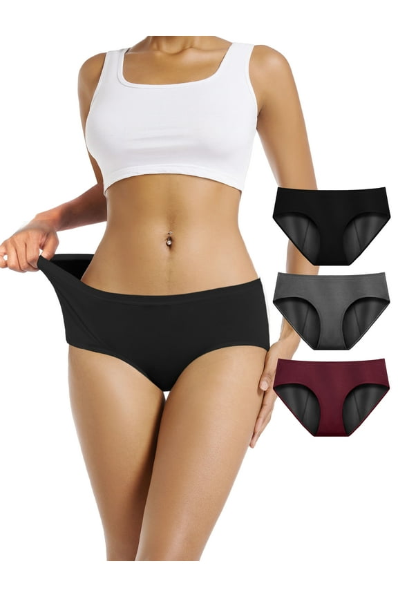 Period Underwear for Women Silky Soft Absorbent Hipster Panties Teen Menstrual Underwear 3 Pack (Large, Black/Burgundy/Charcoal Gray)