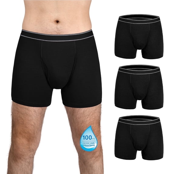 TIICHOO Washable Incontinence Underwear for Men Reusable Cotton Incontinece Boxer Briefs Leakproof Underwear 3 Pack(Small, 3 Black)