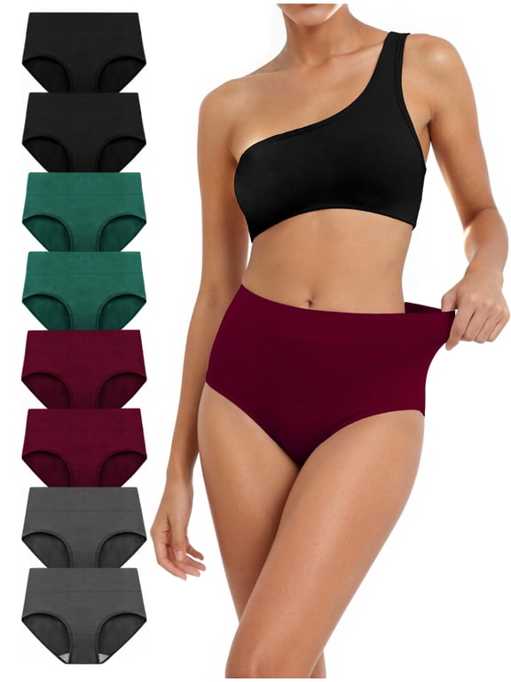 Women's Panties Cotton High Waisted Briefs Full Coverage Underwear Women Pack of 8(XL, 2 Black/2 Grey/2 Burgundy/2 Green)