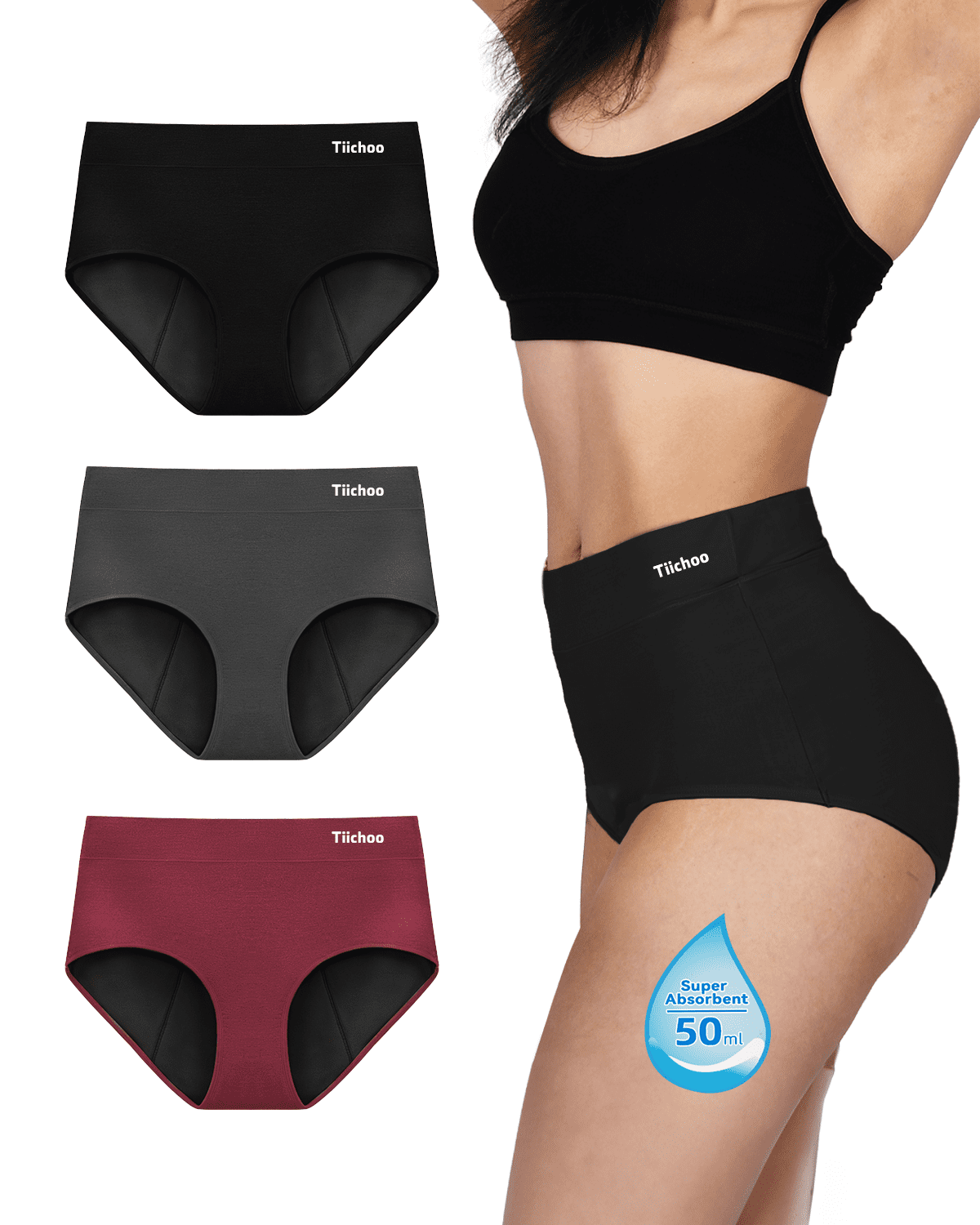 TIICHOO Womens Period Underwear Heavy Flow High Waisted Period Panties  Menstrual Postpartum Underwear Leakproof 3 Pack(Large, Black/Burgundy/Gray)  