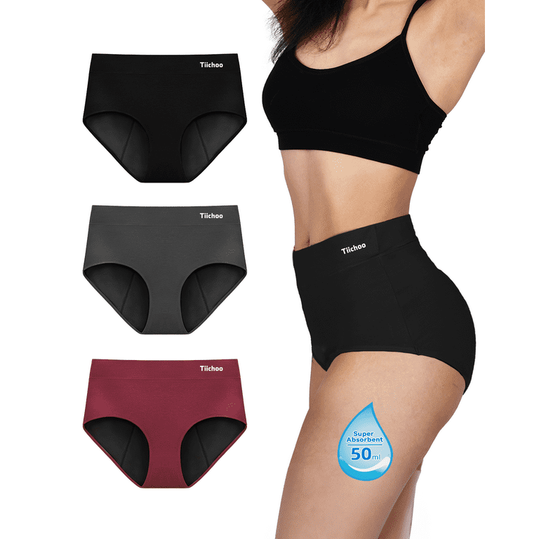 TIICHOO Womens Period Underwear Heavy Flow High Waisted Period Panties  Menstrual Postpartum Underwear Leakproof 3 Pack(Large, Black/Burgundy/Gray)