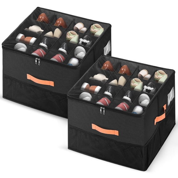TIJITY Shoe Organizer for Closet, 2 Pack Foldable Shoe Storage Organizer Box with Clear Cover, Space Saving Shoes Bin, Fits 16-32 Pairs, Black