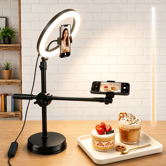 TIKBBRMG 10" Desk Ring Light with Stand & Phone Holder, Adjustable Overhead Phone Mount Selfie Light with Remote Control for Video Recording, Live Streaming, Photography, DIY, Cooking