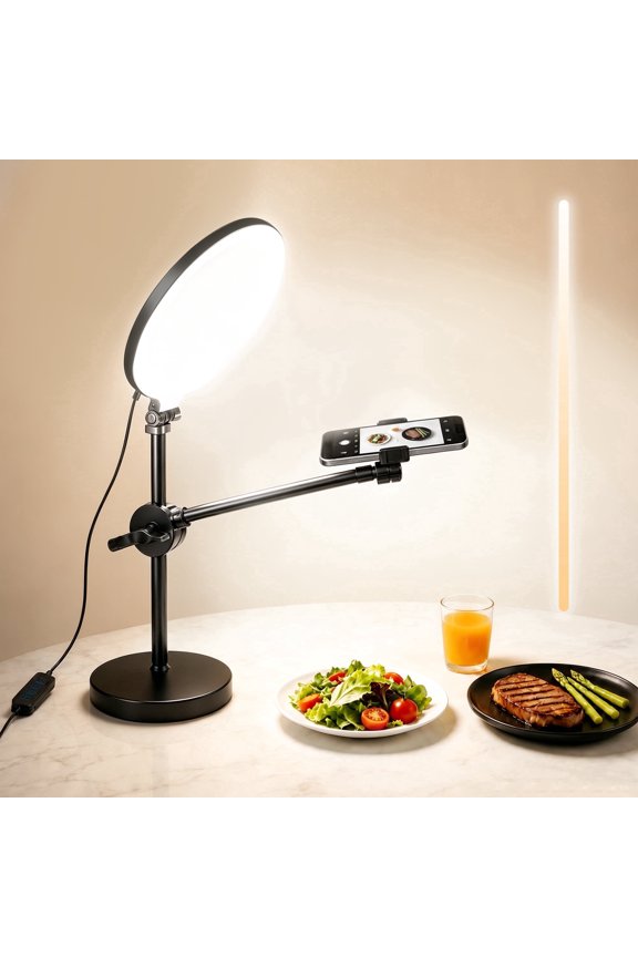 10" Ring Light with Stand & Phone Holder for Desk, 13W Full Screen Selfie Phone Light with Adjustable Overhead Phone Mount for Video Recording, Makeup, Cooking, Live Stream