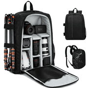 TIKBBRMG 17.72'' Camera Backpack, Camera Bag with Waterproof Cover, Tripod Holder & 15.6'' Laptop Compartment, Shockproof Photography Camera Case Compatible with DSLR/SLR/Mirrorless/Drone