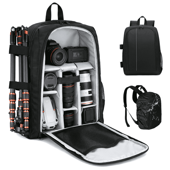 TIKBBRMG 17.72'' Camera Backpack, Camera Bag with Waterproof Cover, Tripod Holder & 15.6'' Laptop Compartment, Shockproof Photography Camera Case Compatible with DSLR/SLR/Mirrorless/Drone