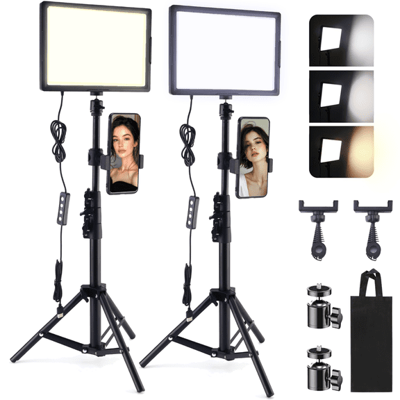 TIKBBRM 15W Studio Light with 50" Tripod Stand and Phone Holders, 2 Pack 12'' LED Video Light Kit, 2800-6500K, Photography Lighting for Video Recording, Game Streaming