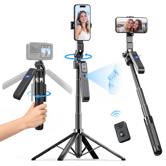TIKBBRMG 71“ Auto Face Tracking Phone Tripod and Selfie Stick, No App, 360° Rotation Phone Stand with Remote and Gesture Control for Vlogging, Live Streaming, Compatible with iPhone Android