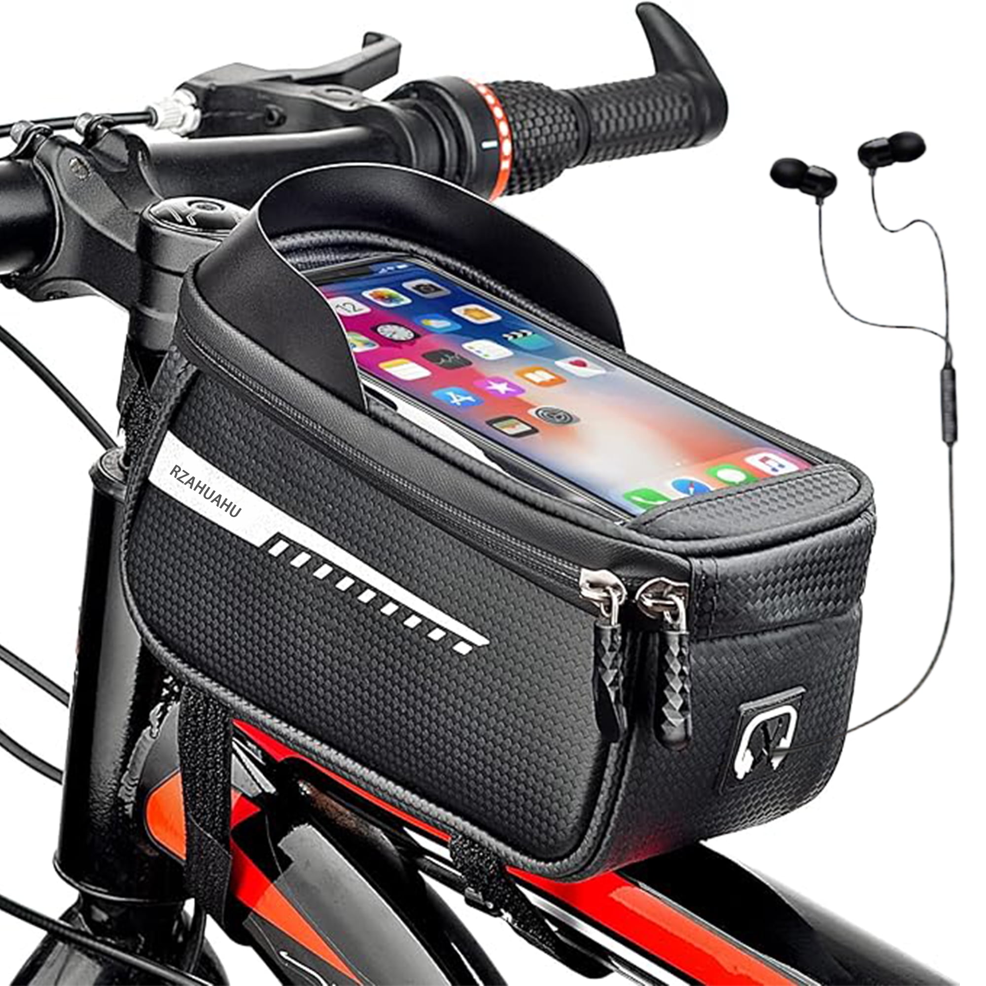 TIKBBRMG Bicycle Bag Bike Cell Phone Front Frame Waterproof Accessories Holder Top Tube Bag Cycling Pouch Mount Large Sensitive TPU Touch Screen PVC Sun-Visor Headphone Port(Black, 8 inch)