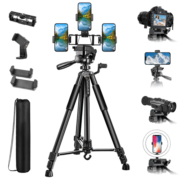 TIKBBRMG Camera Tripod, 67'' Tripod for Camera Phone Video Recording, Professional Tripod Stand with Carry Bag and Phone Holder * 3, Lightweight Travel DSLR Tripod for Smartphone Live Streaming Vlog