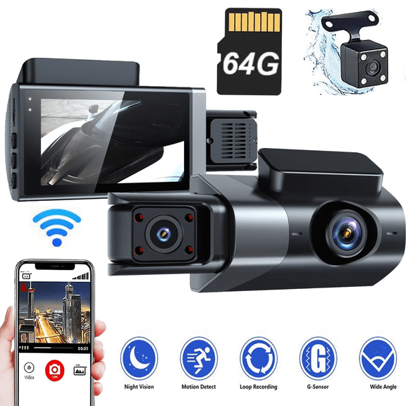 TIKBBRMG Dash Cam Front and Rear, Wi-Fi Dash cam for Cars 1080P Backup Camera, Included 64GB Card,Built-in GPS, 3 IPS Screen, Night Vision, 170Wide Angle,WDR, 24H Parking Mode