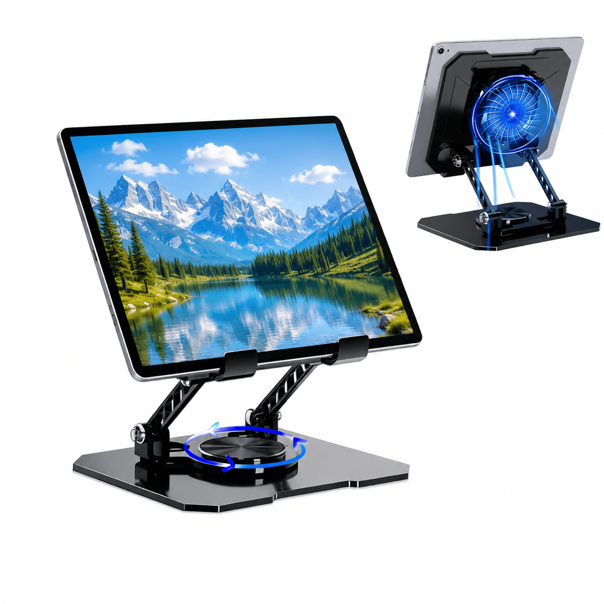TIKBBRMG Tablet Stand for Desk with Quiet Cooling Fan, Adjustable Universal Tablet Holder with Multi Angle Aluminium Alloy, 360° Swivel Base, Black