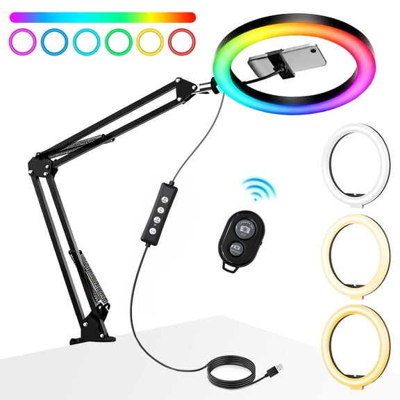 TIKBBRMG Overhead Phone Mount with 12" RGB Ring Light, Upgrade Adjustable Desk Selfie Light with Phone Holder & Remote Control for Video Recording,Zoom Meeting,Live Streaming Tiktok,YouTube