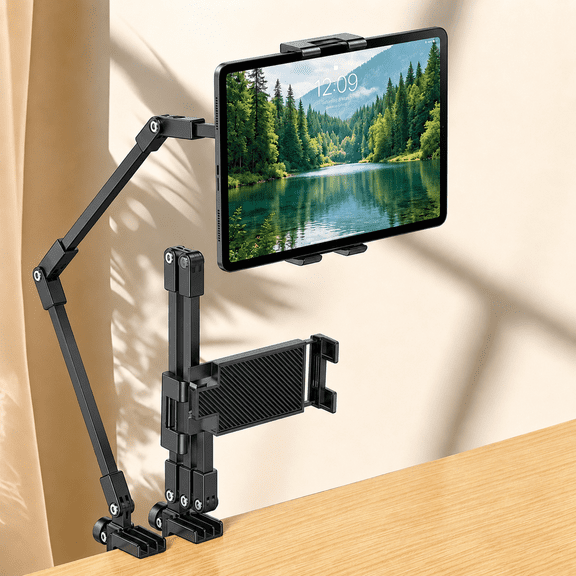 TIKBBRMG Phone Holder for Desk Bed, Adjustable Tablet Phone Stand Kindle with Flexible Tablet Arm Clamp Compatible with iPhone 17 16 15 Pro iPad Kindle Galaxy Tab 4-7.1 inch Devices