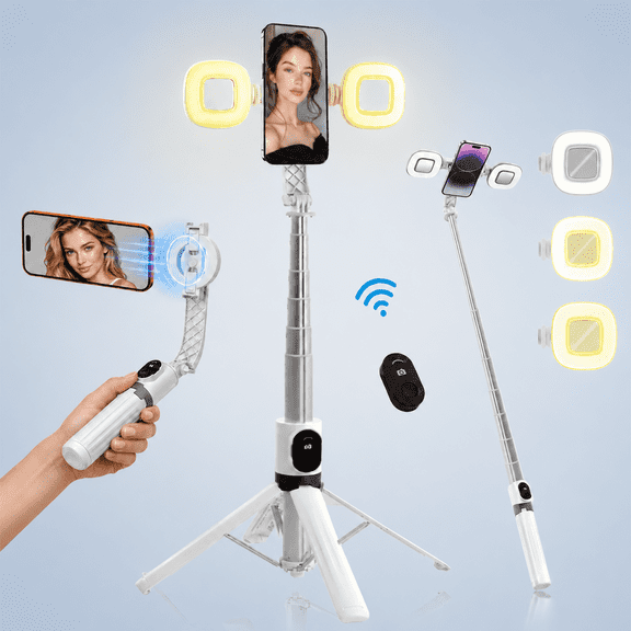 TIKBBRMG Magnetic Phone Tripod , 55" Selfie Stick Tripod Stand, 2 Fill lights & Rechargeable Remote Phone Tripod Stand for Travel/Recording/Vlogging, Compatible with iPhone/Android (White)