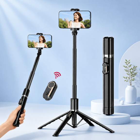 TIKBBRMG Phone Tripod and Selfie Stick 71in Extendable Phone Stand with Light, Remote & Rotatable Grip for Travel/Selfie/Recording/Vlogging, Compatible with iPhone/Android (Black)
