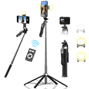 TIKBBRMG Phone Tripod and Selfie Stick 71in Extendable Phone Stand with Light, Remote & Rotatable Grip for Travel/Selfie/Recording/Vlogging, Compatible with iPhone/Android Black