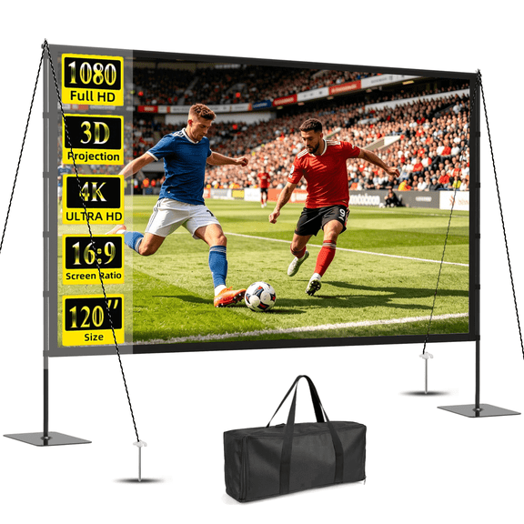 TIKBBRMG Projector Screen with Stand, 120inch Portable Outdoor Indoor Projection Screen, 16:9 4K HD Movie Screen with Carry Bag, Ropes and Ground Stakes for Backyard, Camping, Theater