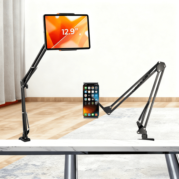 TIKBBRMG Adjustable Tablet Phone Holder for Desk Bed, Adjustable Tablet Phone Stand for Bed, Flexible Tablet Arm Clamp Compatible with iPhone 17 16 15 Pro iPad Kindle Galaxy Tab 4.7-12.9 Inch