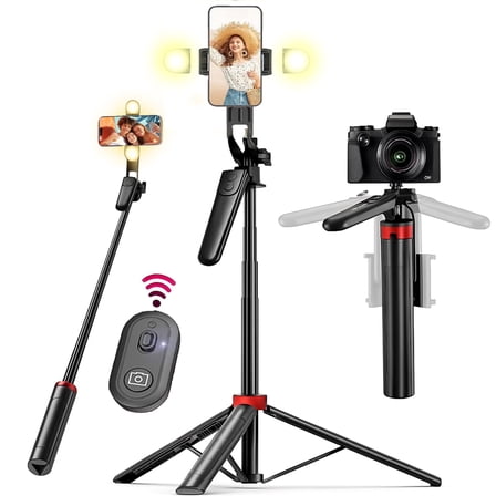 TIKBBRMG Phone Tripod and Selfie Stick 70.8in Extendable Phone Stand with Light with Wireless Remote Rotatable Grip for Travel/Selfie/Recording/Vlogging, Compatible with iPhone/Android (Black)