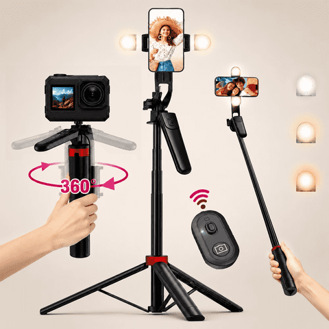 TIKBBRMG Phone Tripod and Selfie Stick 70.8in Extendable Phone Stand with Light with Wireless Remote Rotatable Grip for Travel/Selfie/Recording/Vlogging, Compatible with iPhone/Android (Black)