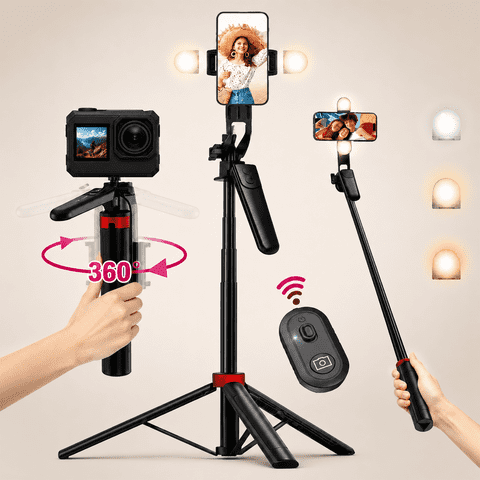 TIKBBRMG Phone Tripod and Selfie Stick 70.8in Extendable Phone Stand with Light with Wireless Remote Rotatable Grip for Travel/Selfie/Recording/Vlogging, Compatible with iPhone/Android (Black)