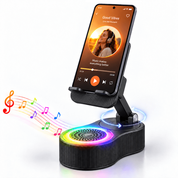 TIKBBRMG Wireless Induction Speaker 5-in-1 Bluetooth Speaker with Phone Stand, 2000mAh Rechargeable, Stereo Sound, RGB Ambient Light Phone Holder for Tablet iPhone Android, Gifts for Men Women