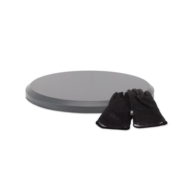 TIKI® Brand 21.1 Inch Huddle and Social Fire Pit Metal Tabletop Cover Gray and Gloves