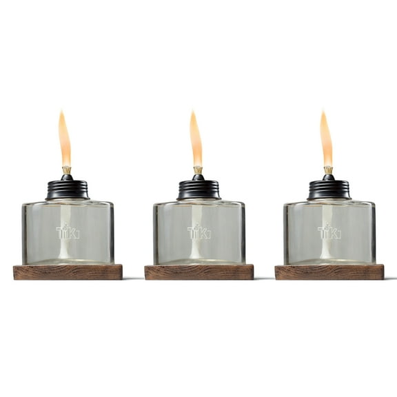 TIKI Table Torch Glass with Faux Wood Base 3-Pack, 4-Inch, Brown, Outdoor Natural Flame Lighting, Patio Decor