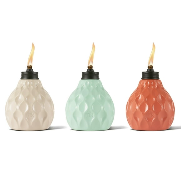 TIKI Brand 6-inch 3-Pk Marine Glass Table Torch Seaside Escape Assorted Colors Ivory, Coral or Blue