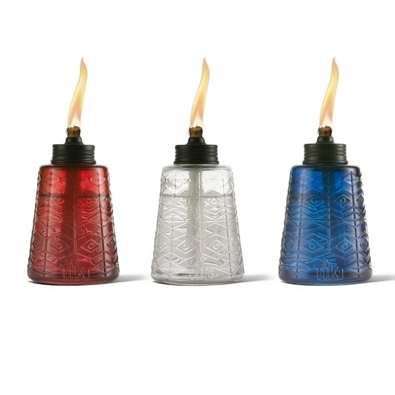 TIKI Brand 6-inch Molded Glass Table Torch Red, White and Blue Colors 3-Pack