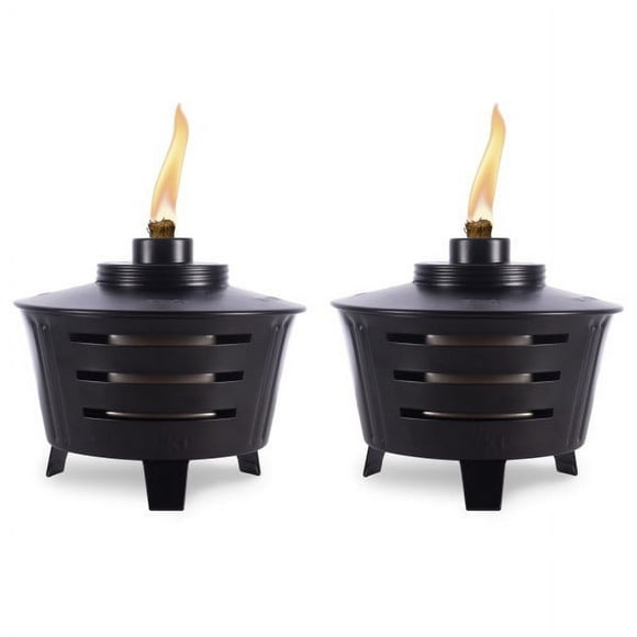 TIKI Mini Fire Pit Tabletop Torch 2-Pack Outdoor Decorative Tabletop Torches for Patio, Backyard & Garden Black Metal Flame Torches with Long-Lasting Wick & Snuffer