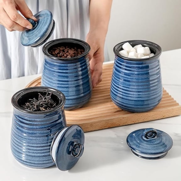 Tikooere 25 oz Airtight Food Storage Jars, Blue Ceramic Canisters Set of 3, Farmhouse Style Kitchen Containers