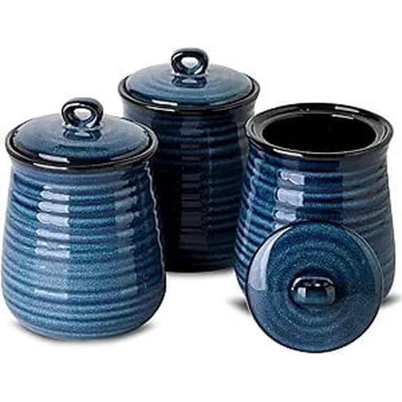 TIKOOERE Blue Ceramic Canisters Set of 3, 25 oz Airtight Food Storage Jars, Farmhouse Style Kitchen Containers