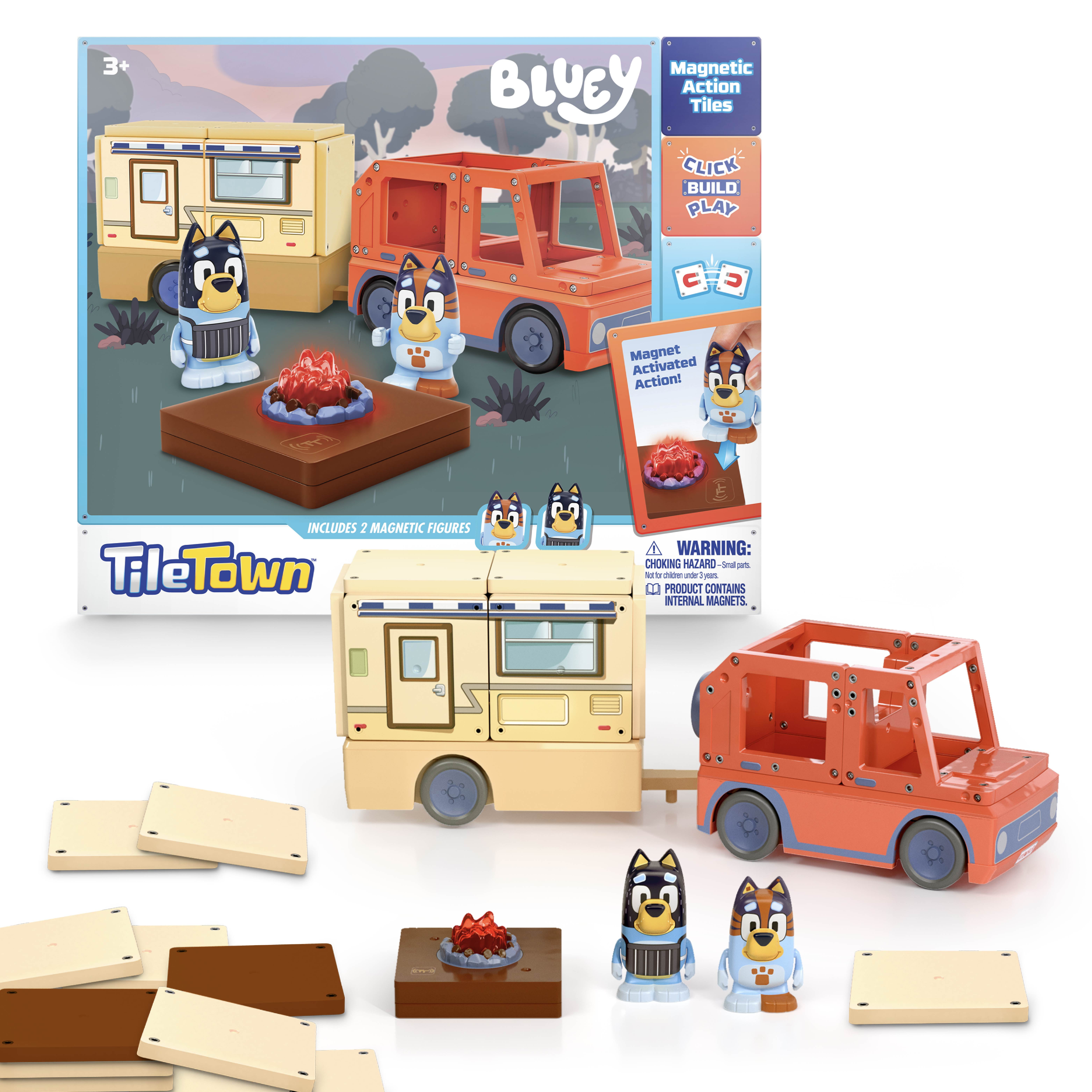 Tile Town Bluey Heeler Camper Magnetic Tiles Construction Playset with Bluey and Bandit, Ages 3+