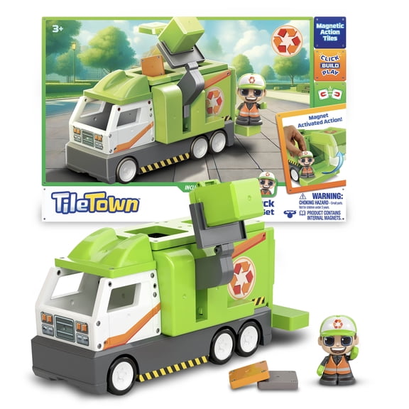 Tile Town Recycling Truck Magnetic Building Tile Set with Figure, Interactive Construction Toy, Ages 3+
