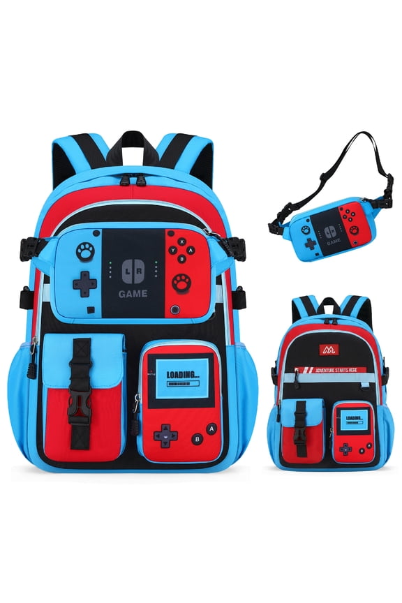 TILYTADLY 2‑IN‑1 School Backpack for Boys - Gamer Backpack for Boys with Waist Bag, 18″ Large Capacity Students Bag for Kids Children Teens Elementary Middle School