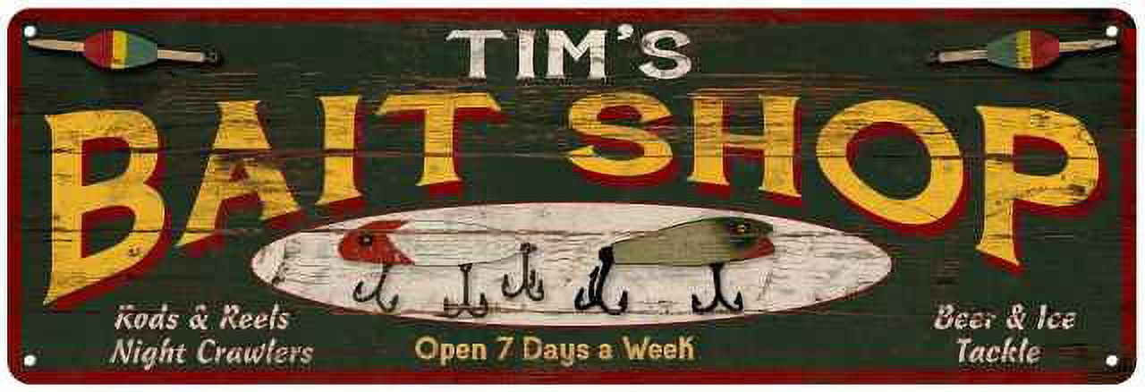 TIM'S Bait Shop Sign Wood Look Man Cave Den Gift 6x18 Metal