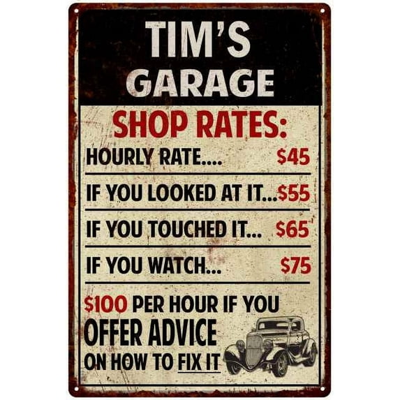TIM'S Garage Shop Rates Sign Man Cave Decor Gift 8x12 Metal 208120010173