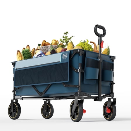 TIMBER RIDGE Collapsible Wagon Cart with Brakes, 200L Large Capacity Compact Portable Easy to Carry Folding Wago Cart for Camping, Gardening, Blue