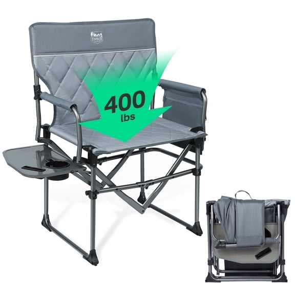 TIMBER RIDGE Portable Director Chair, Heavy Duty Camping Folding Chair with Compact Size with Side Pocket and Side Table, Support 400 lbs, Grey