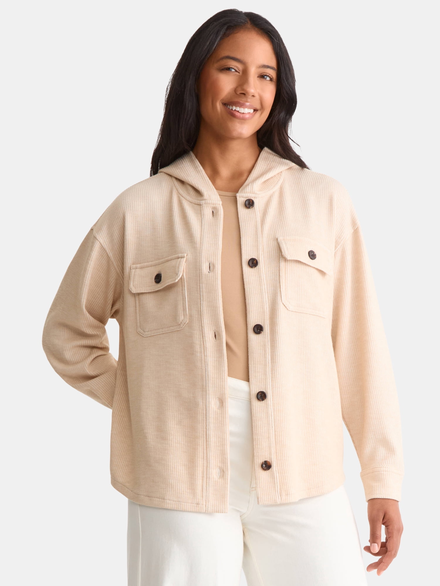 Time and Tru Women's and Women's Plus Ribbed Shirt Jacket with Hood, Sizes XS-4X