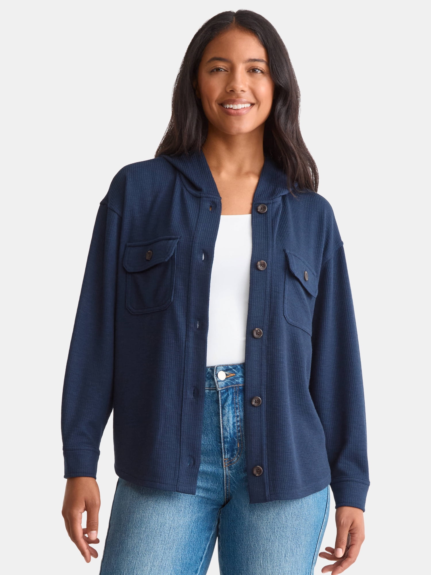 Time and Tru Women's and Women's Plus Ribbed Shirt Jacket with Hood, Sizes XS-4X