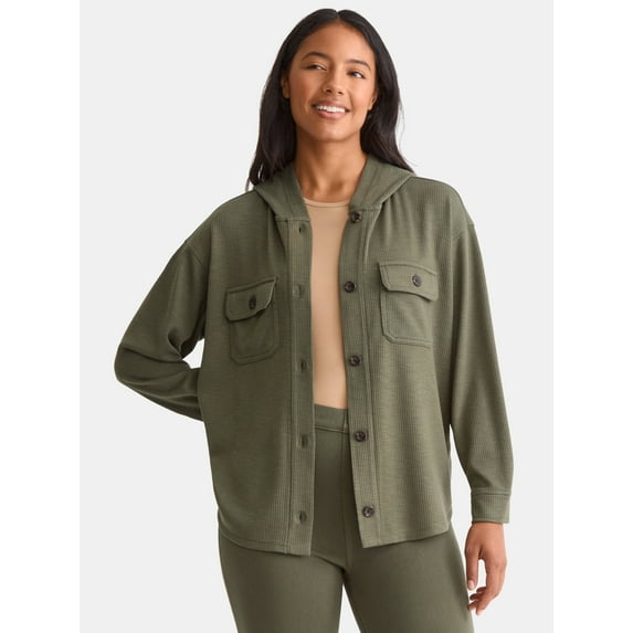 Time and Tru Women's and Women's Plus Ribbed Shirt Jacket with Hood, Sizes XS-4X